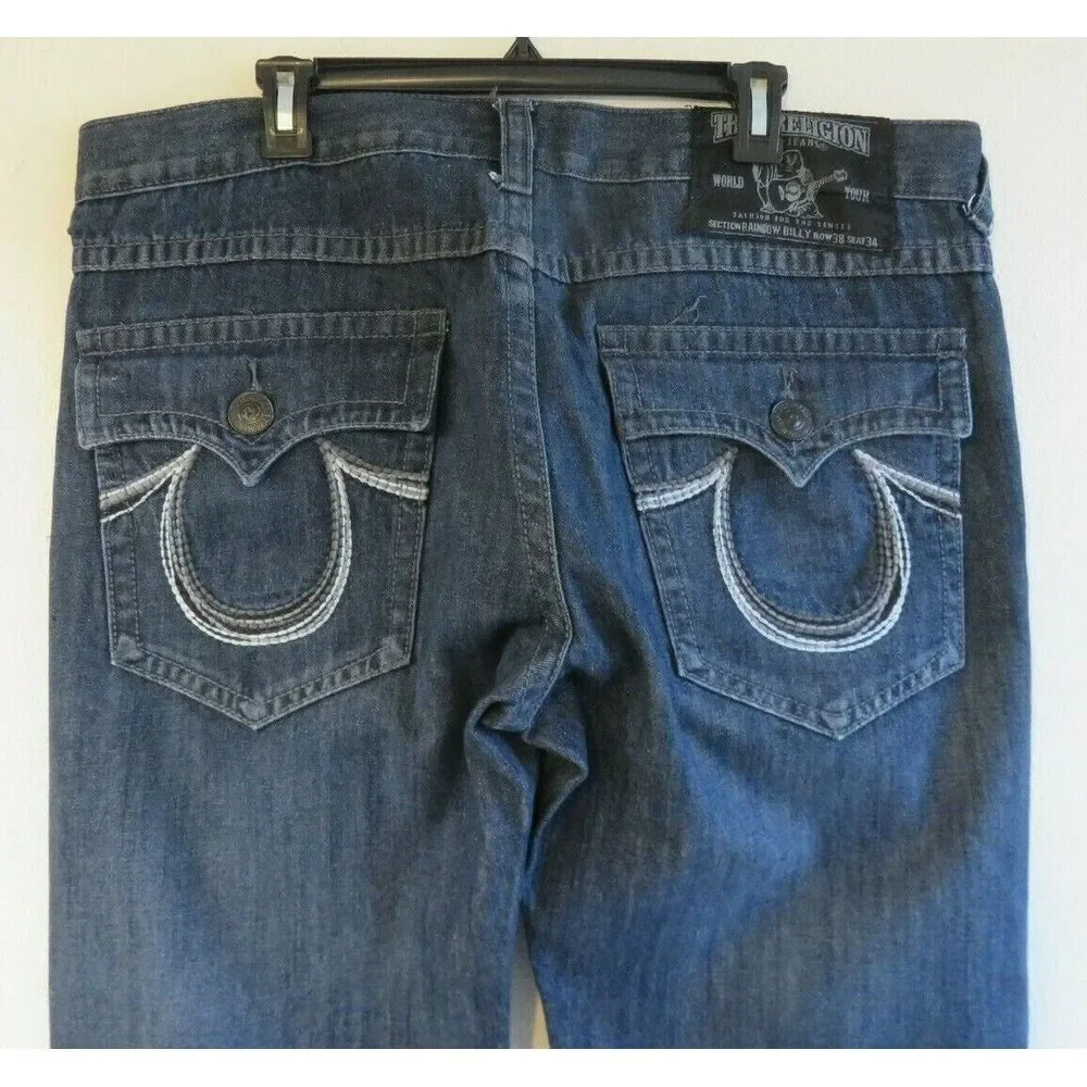 Mens‎ True Religion Jeans Dark Blue Size 38 Cotton USA Rainbow Billy Flap Pocket